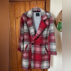 Bershka Red and White Plaid Pea Coat